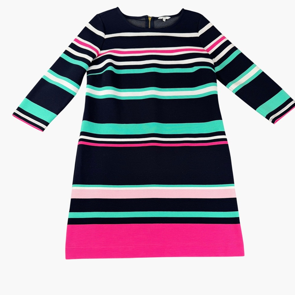 Crown & Ivy Navy Pink Teal Striped Textured Shift Dress Gold Zipper Small